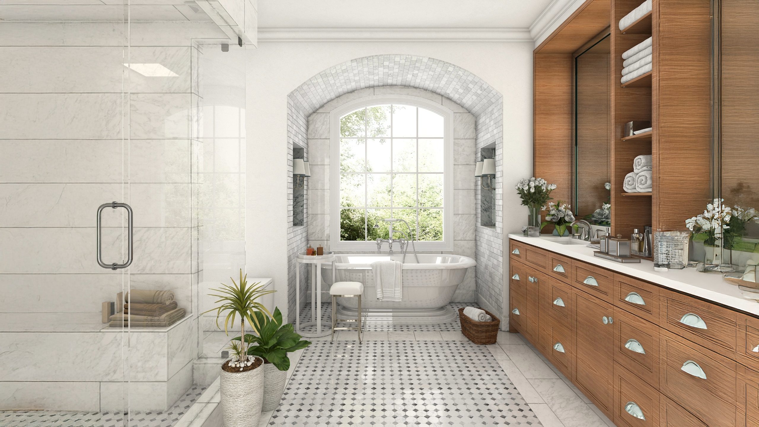Modern luxury bathroom featuring a freestanding tub, glass shower, and custom wood vanity—an example of high-end bathroom remodeling near me by BK Martin Construction in Richmond, VA