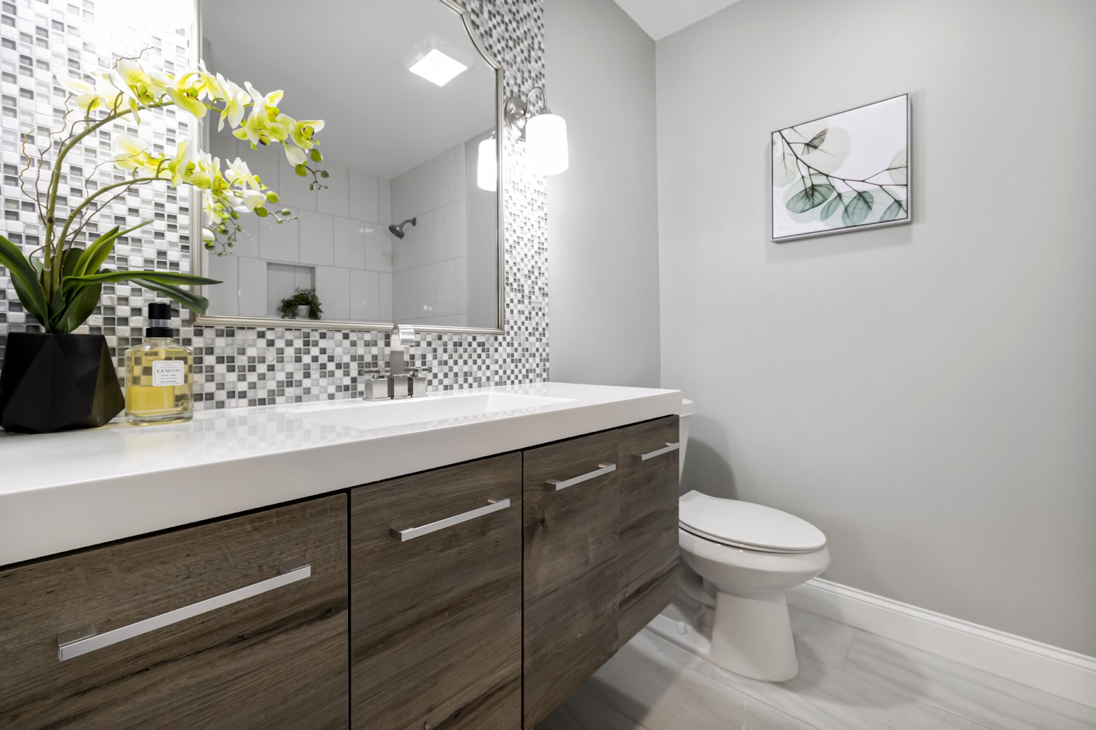 Demonstrating use of a plant in a bathroom, placed on a white ceramic sink.