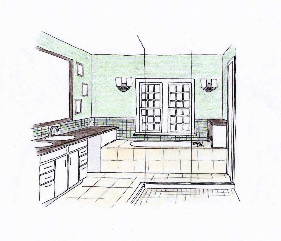 A BK Martin sketch rendering of a bathroom showing a double vanity, shower, and tub with a window in the background.