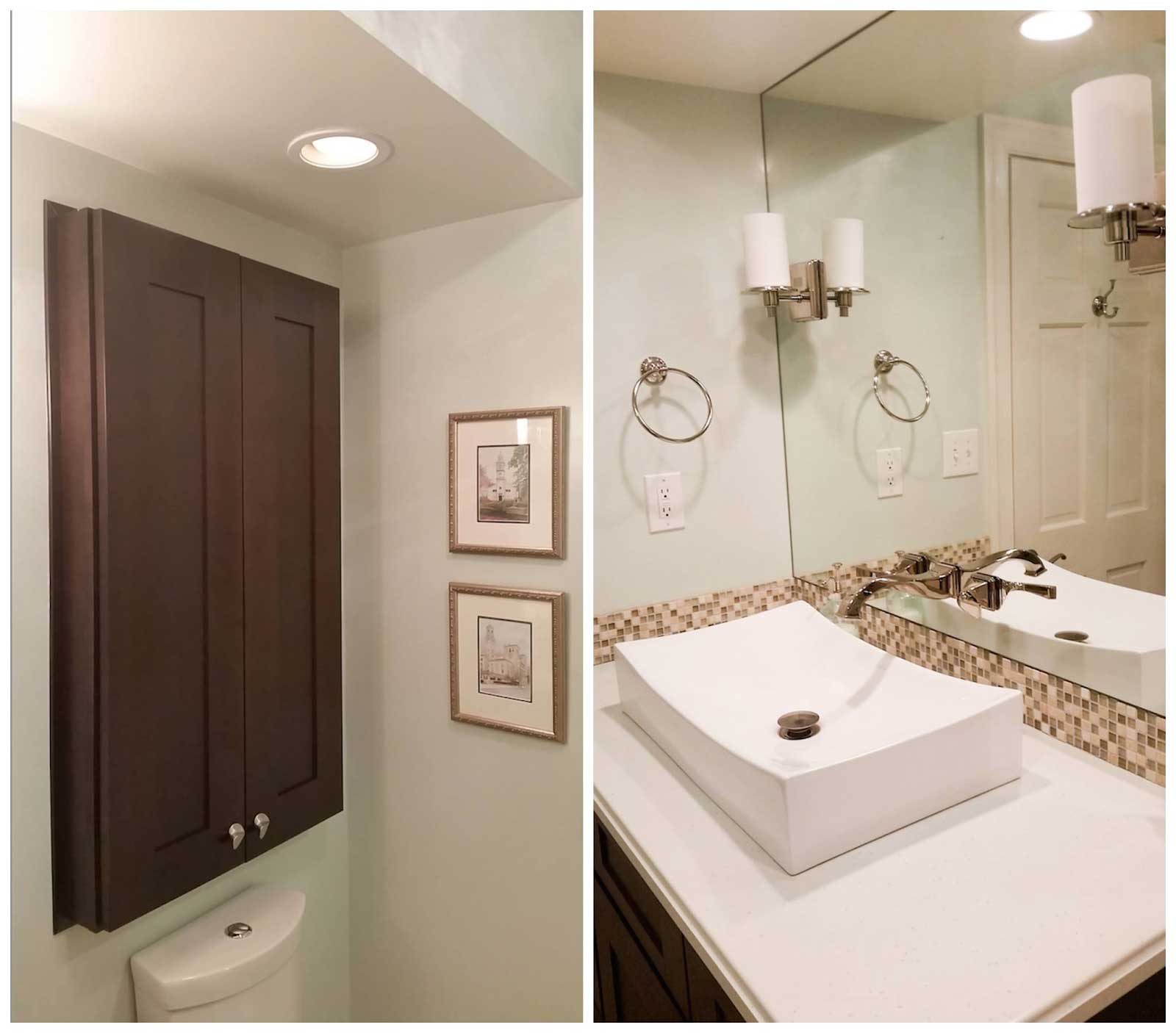 Built in cabinet over the toilet. Vessel sink on vanity with storage, mosaic tile backsplash, and mirror-mounted sconces. 