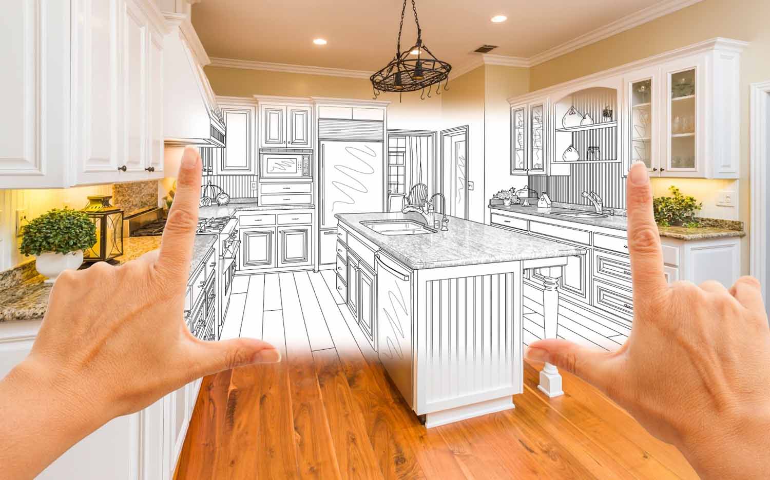 Hands Framing Custom Kitchen Layout Design Drawing and Photo